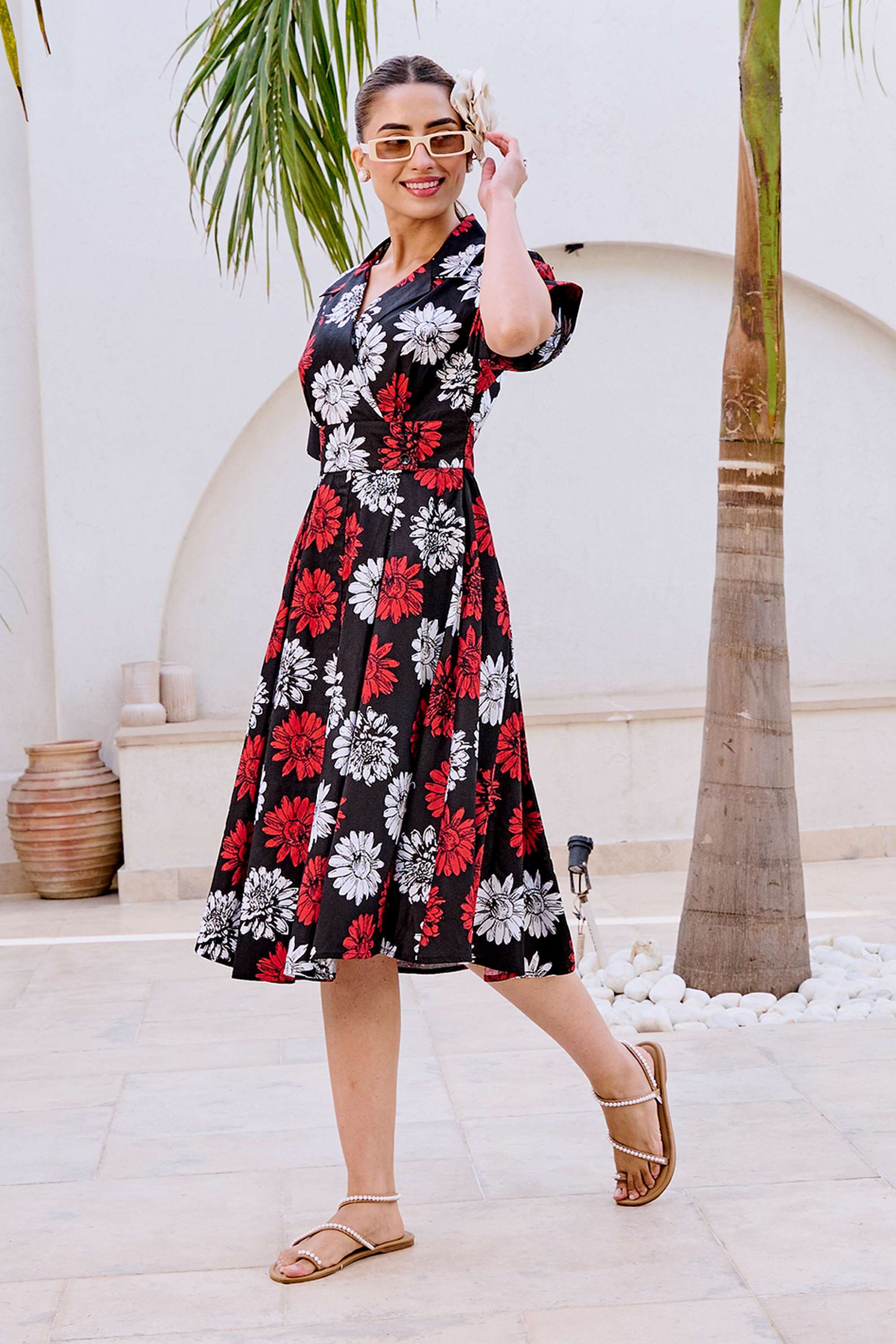 Printed-Cotton-V-Neck-Women-s-Knee-Length-Dress
