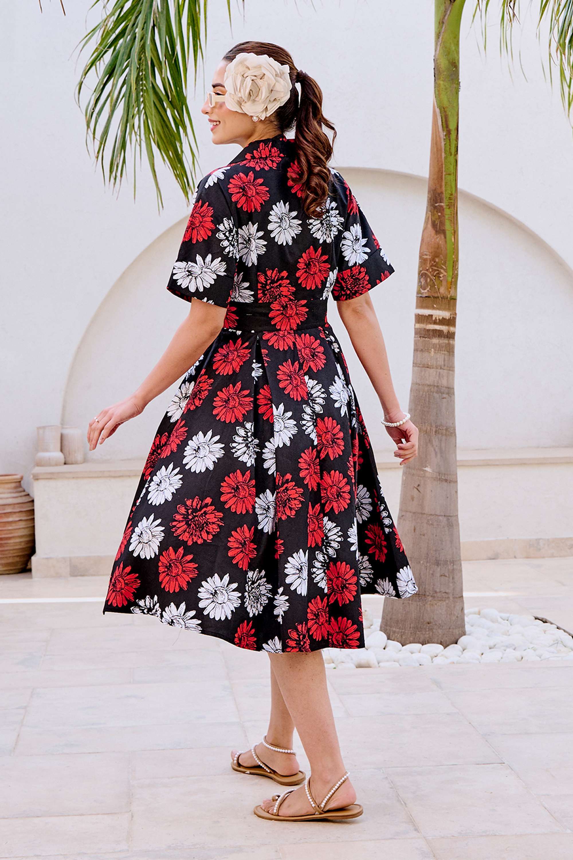 Printed-Cotton-V-Neck-Women-s-Knee-Length-Dress