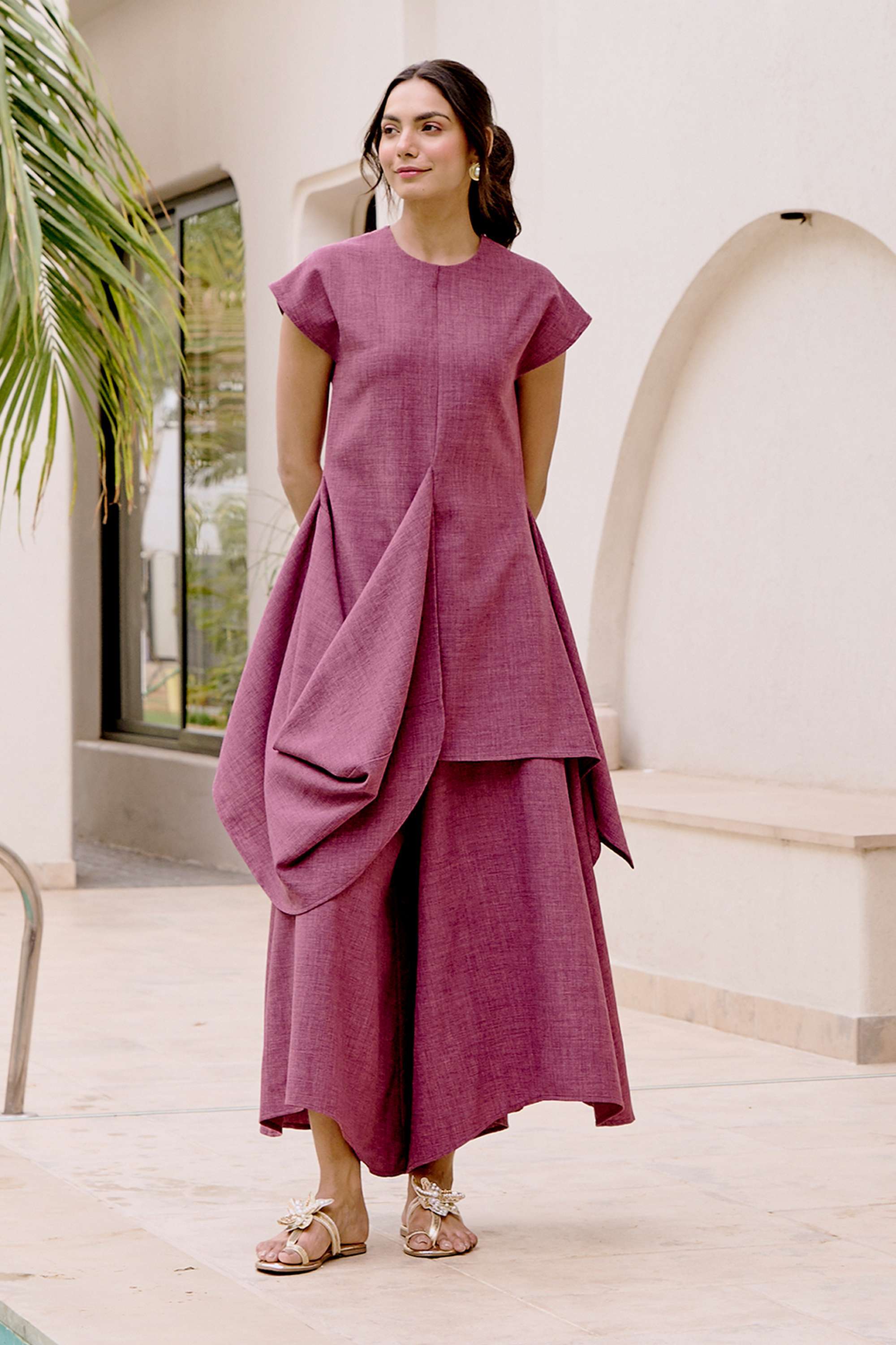 Solid-Blended-Fabric-V-Neck-Women-s-Tunic