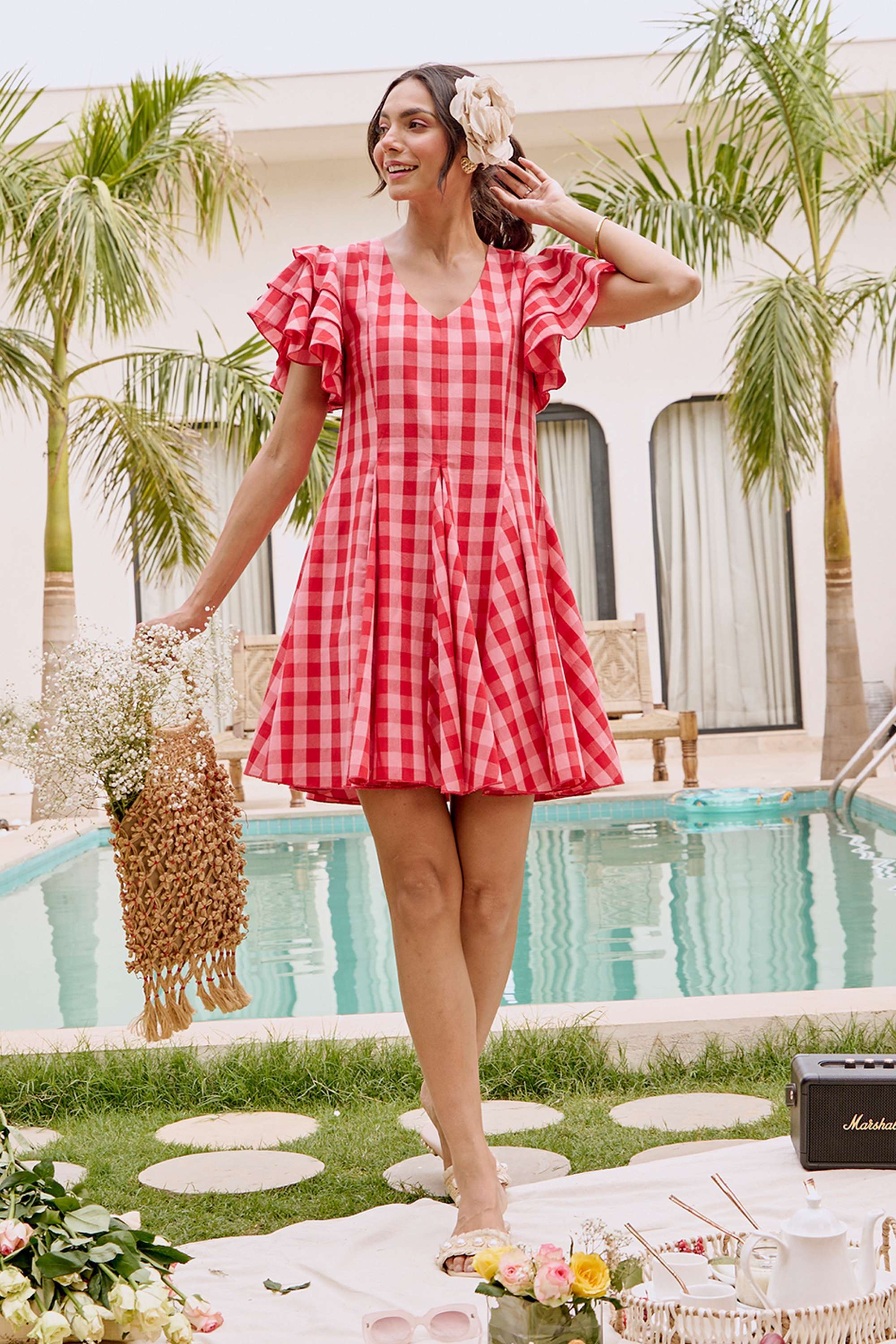 Checks-Cotton-V-Neck-Women-s-Mini-Dress