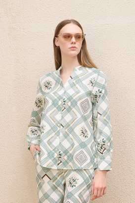 Geometric-Print-Mandarin-Collar-Blended-Fabric-Women-s-Casual-Wear-Shirt
