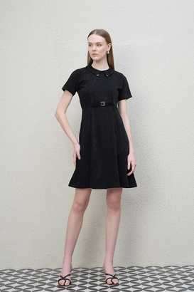 Embellished-Collared-Blended-Fabric-Women-s-Mid-Thigh-Dress