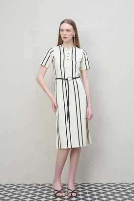 Stripes-Collared-Blended-Fabric-Women-s-Knee-Length-Dress