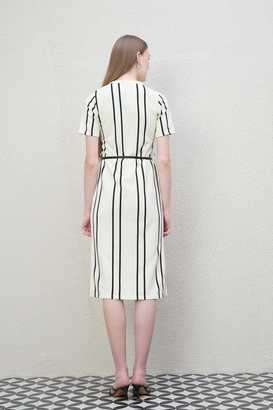 Stripes-Collared-Blended-Fabric-Women-s-Knee-Length-Dress