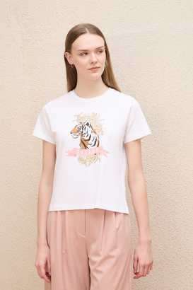 Printed-Blended-Fabric-Round-Neck-Women-s-T-Shirt