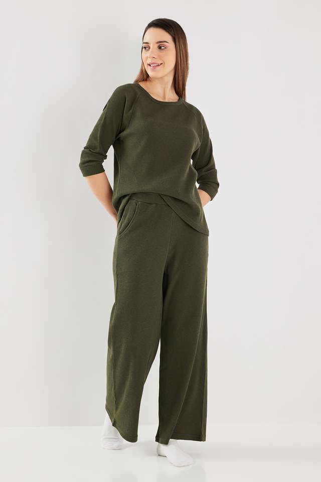 Solid-Ankle-Length-Cotton-Blend-Knitted-Women-s-Top-&-Pyjama