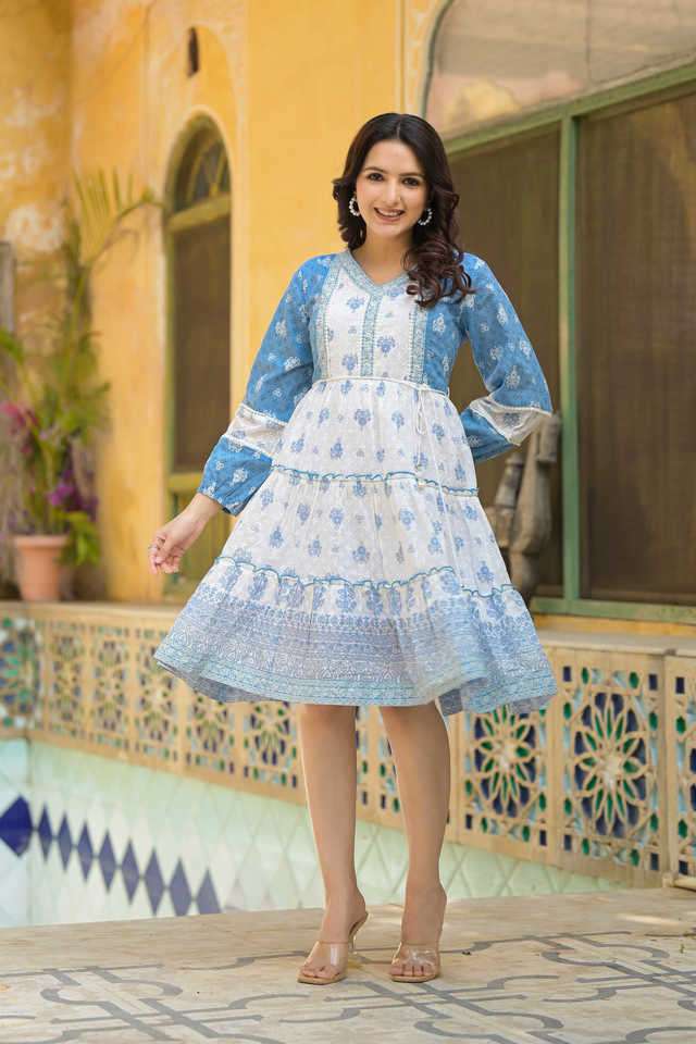 Buy Juniper Powder Blue Printed V-Neck Cotton Women's Knee Length Ethnic  Dress | Shoppers Stop
