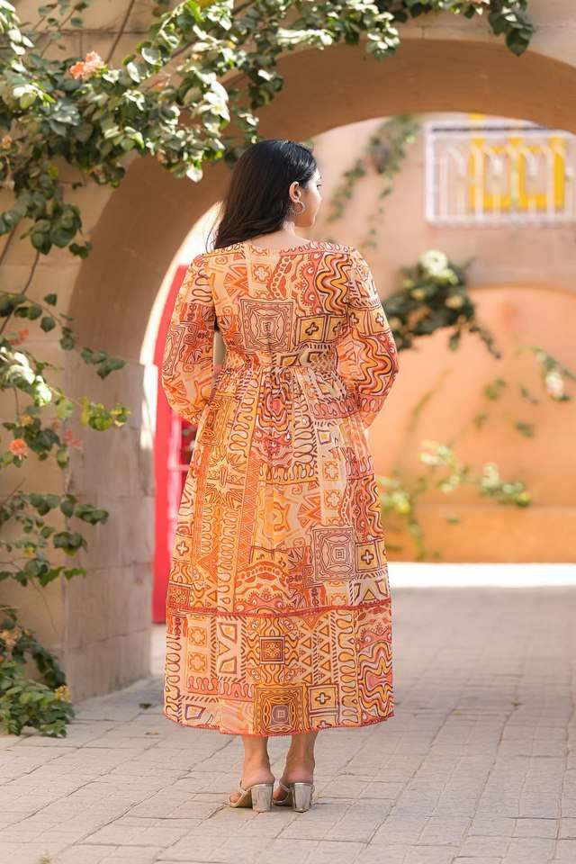 Printed-Round-Neck-Chiffon-Women-s-Calf-Length-Dress