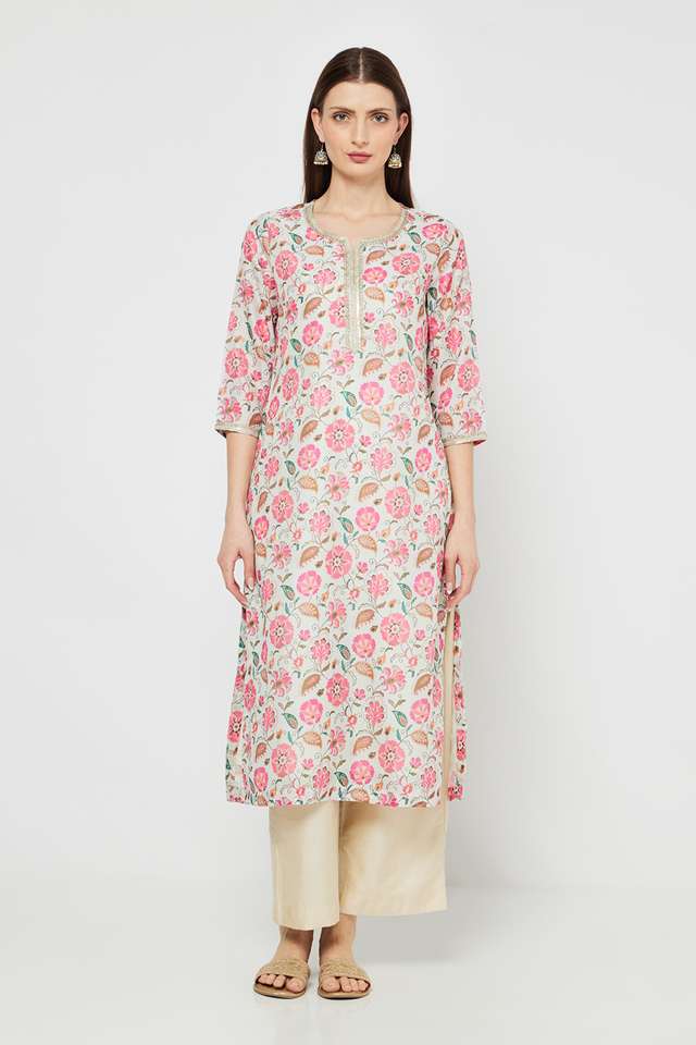 Printed-Blended-Fabric-V-Neck-Women-s-Kurta