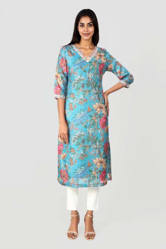 Printed-Blended-Fabric-V-Neck-Women-s-Kurta