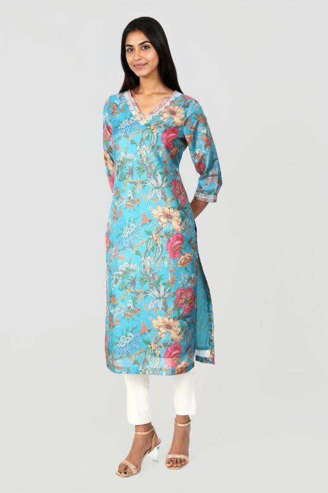 Printed-Blended-Fabric-V-Neck-Women-s-Kurta
