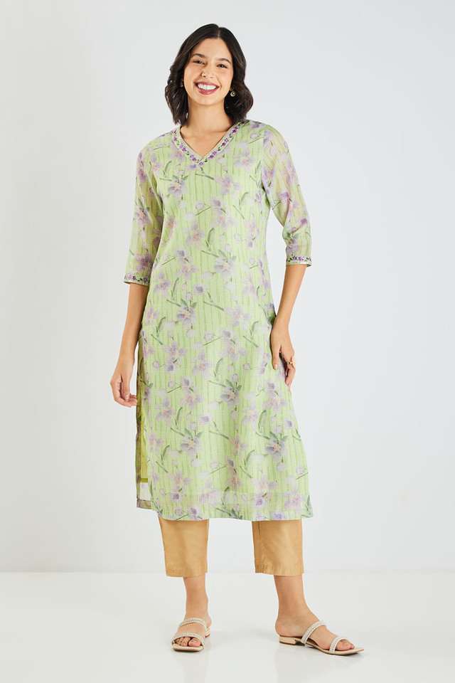 Printed-Blended-Fabric-V-Neck-Women-s-Kurta