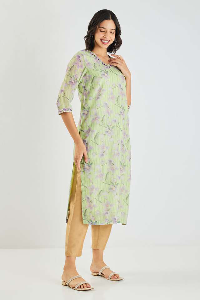 Printed-Blended-Fabric-V-Neck-Women-s-Kurta