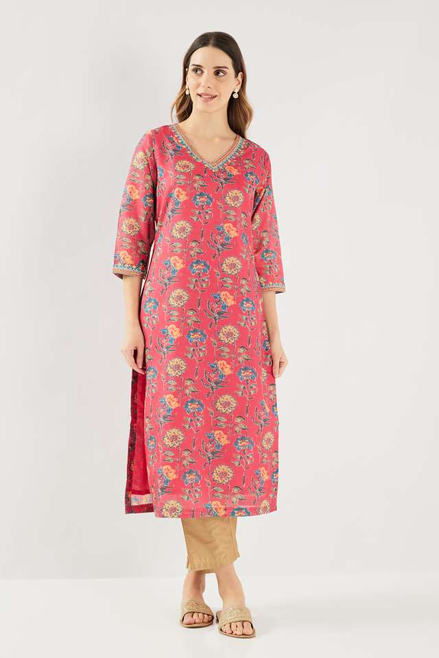 Printed-Blended-Fabric-V-Neck-Women-s-Kurta