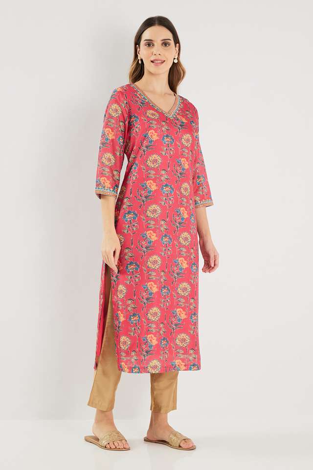 Printed-Blended-Fabric-V-Neck-Women-s-Kurta