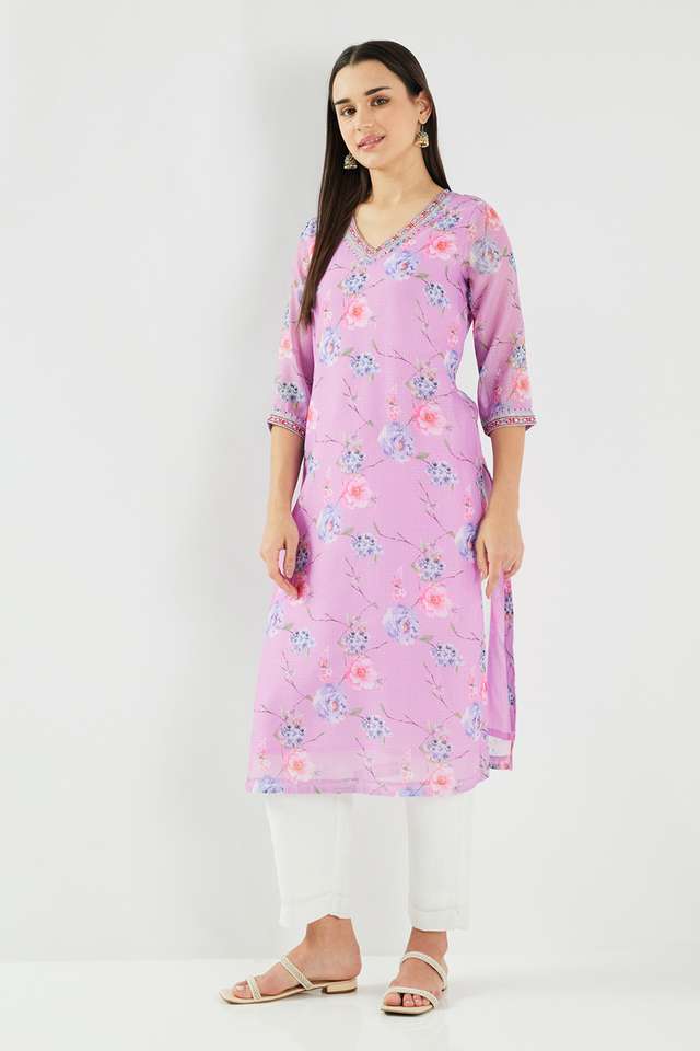 Printed-Blended-Fabric-V-Neck-Women-s-Kurta