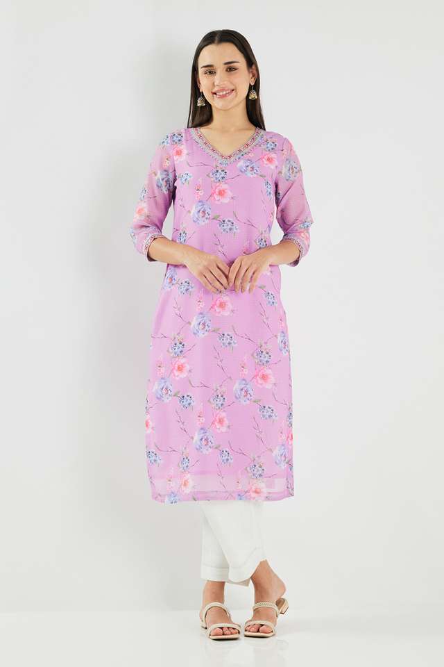 Printed-Blended-Fabric-V-Neck-Women-s-Kurta