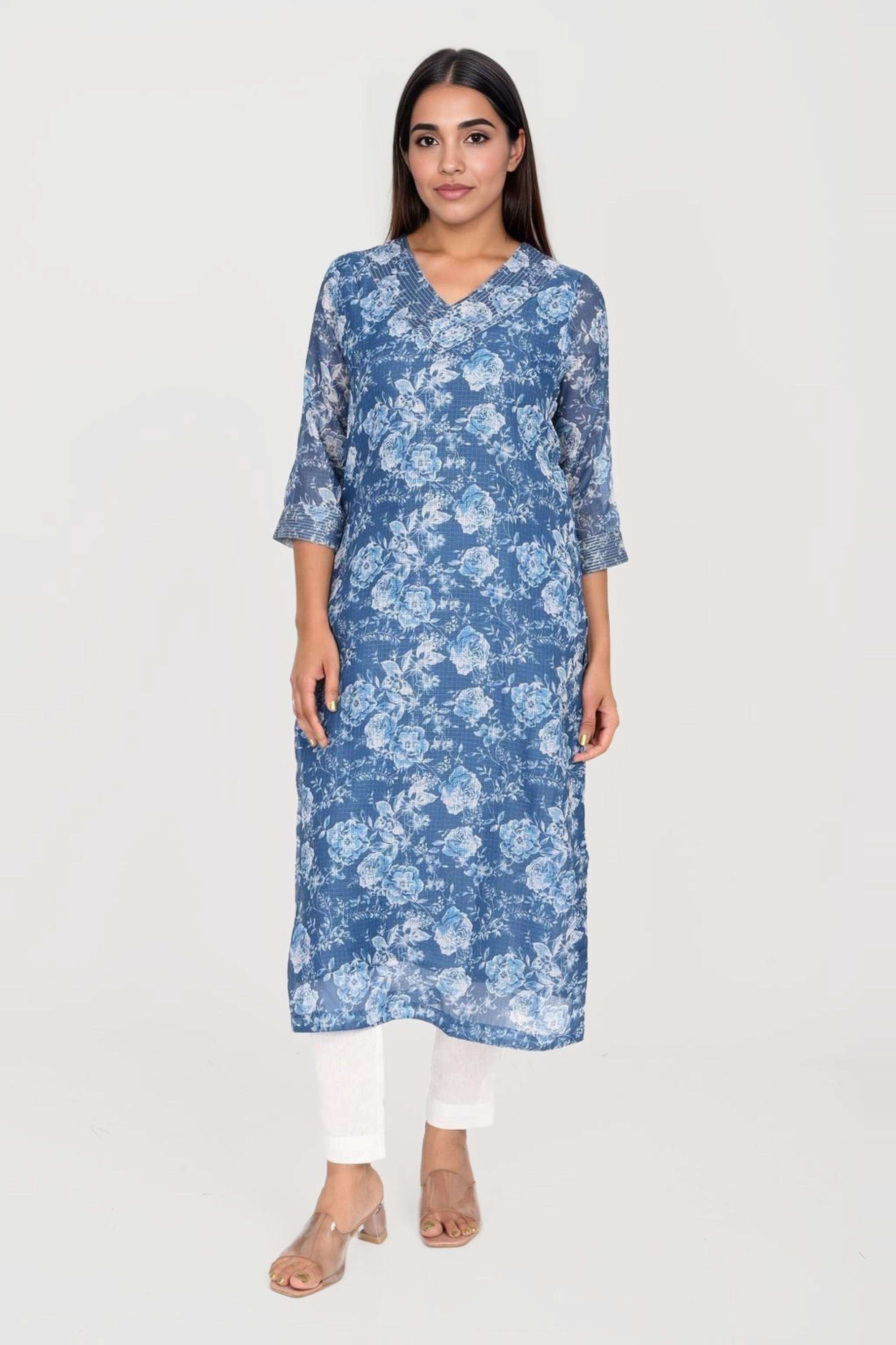 Solid-Polyester-V-Neck-Women-Fusion-Wear-Kurta