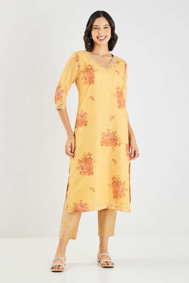 Printed-Blended-Fabric-V-Neck-Women-s-Kurta