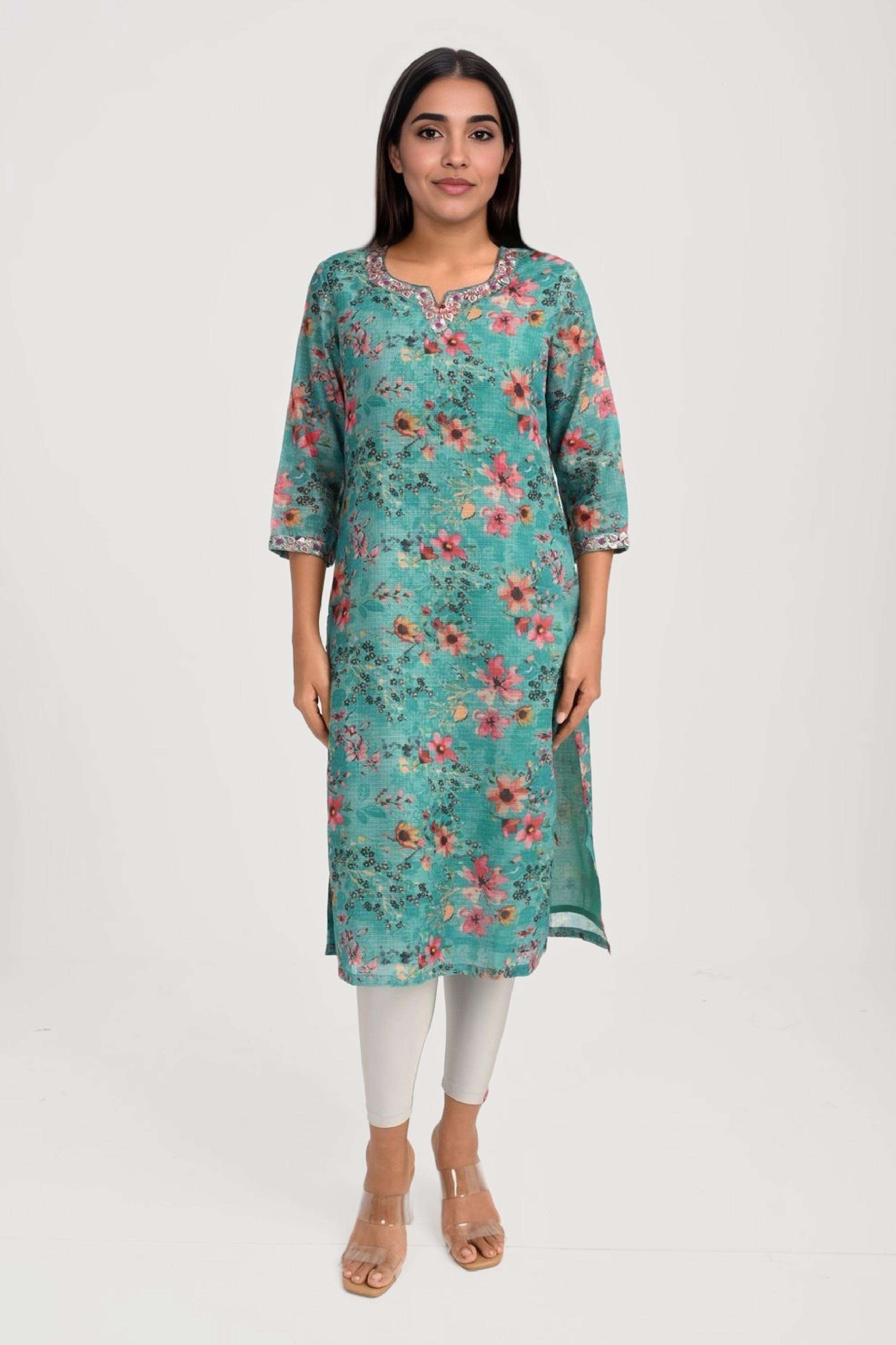 Embroidered-Polyester-Round-Neck-Women-s-Festive-Wear-Kurta