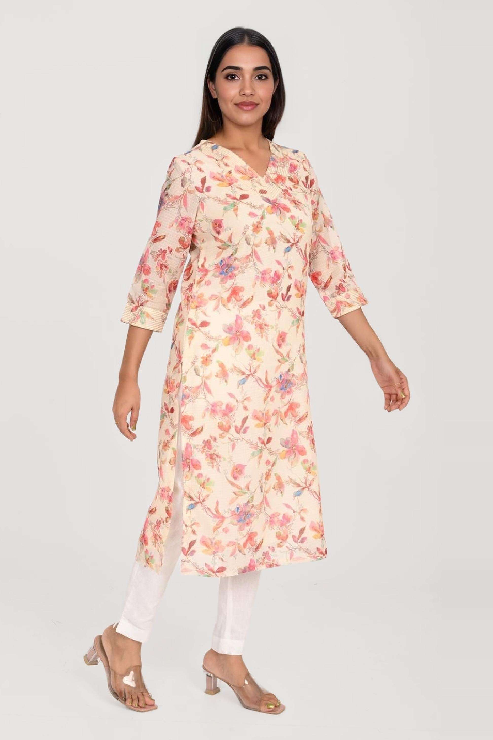 Floral-Polyester-V-Neck-Women-Fusion-Wear-Kurta