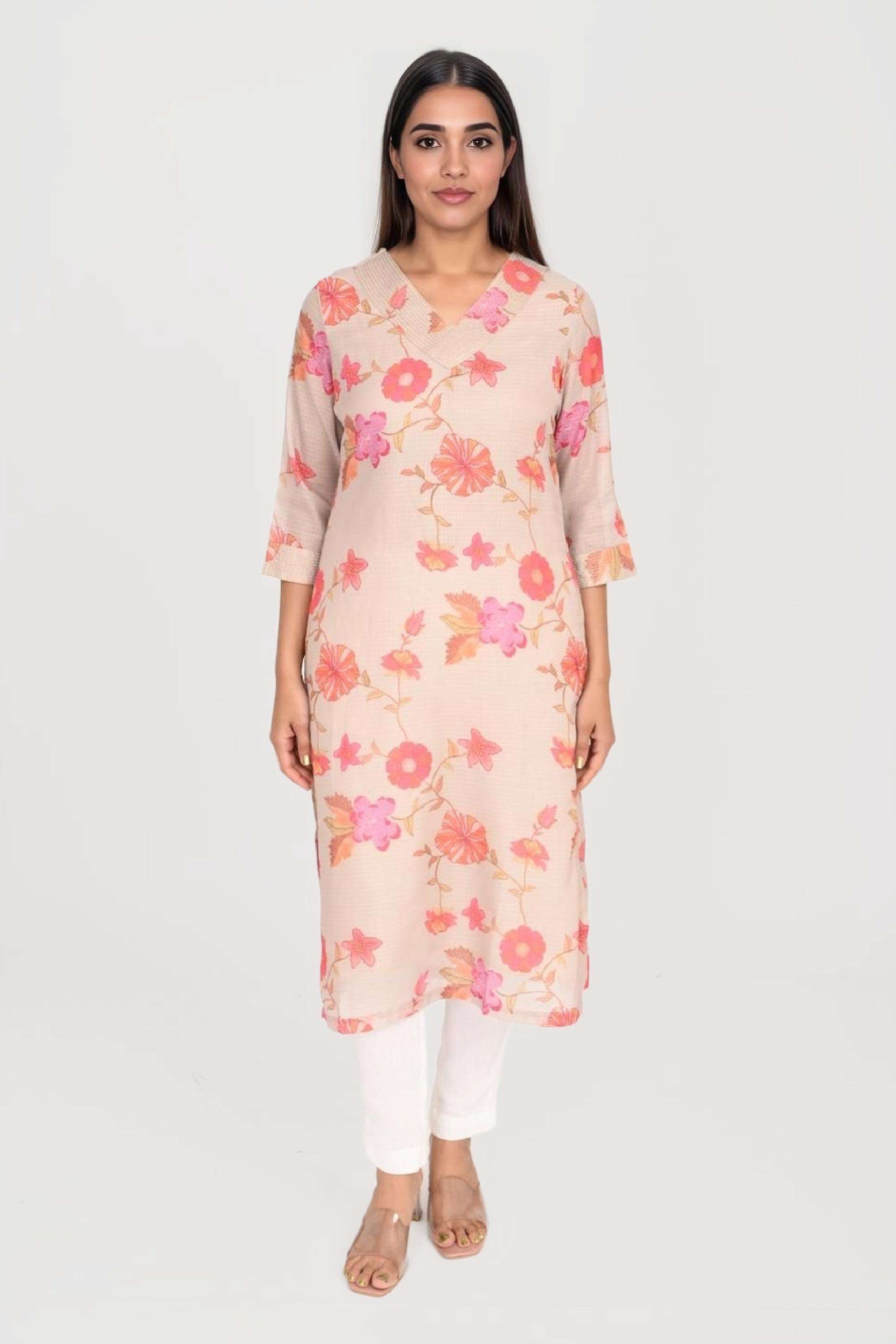 Floral-Polyester-V-Neck-Women-Fusion-Wear-Kurta