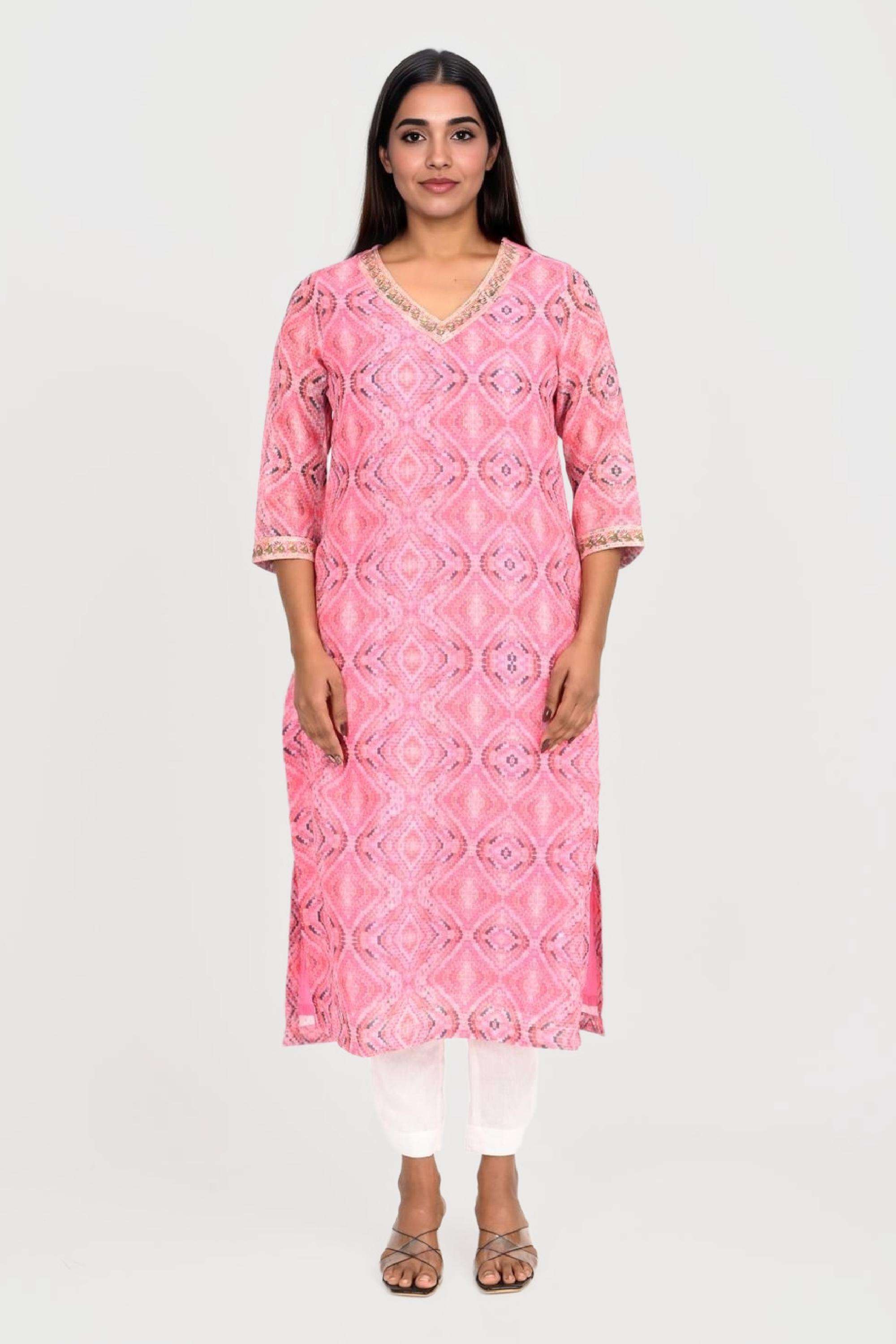 Solid-Polyester-Y-Neck-Women-Fusion-Wear-Kurta