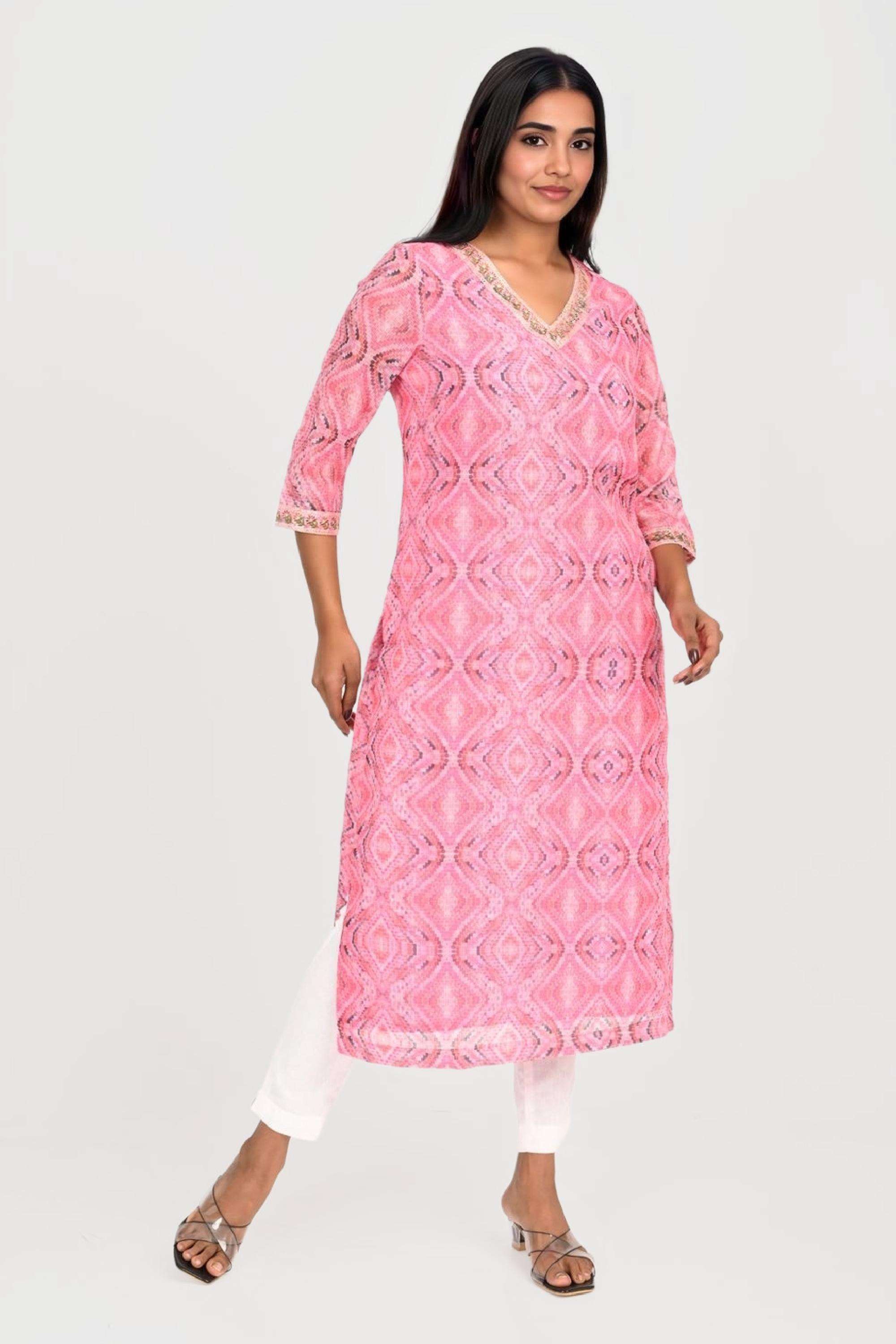 Printed-Polyester-V-Neck-Women-Fusion-Wear-Kurta