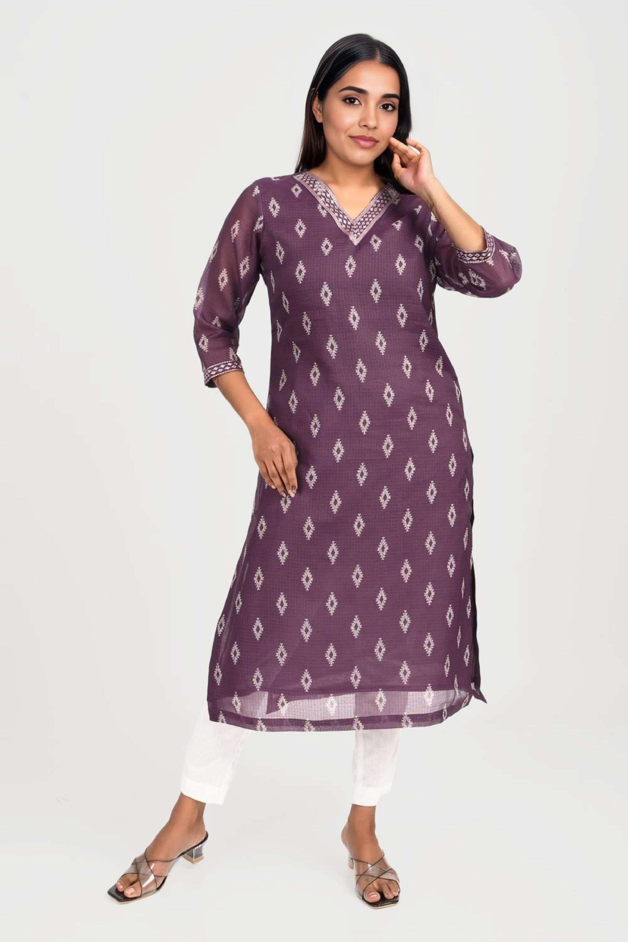 Printed-Polyester-V-Neck-Women-s-Kurta