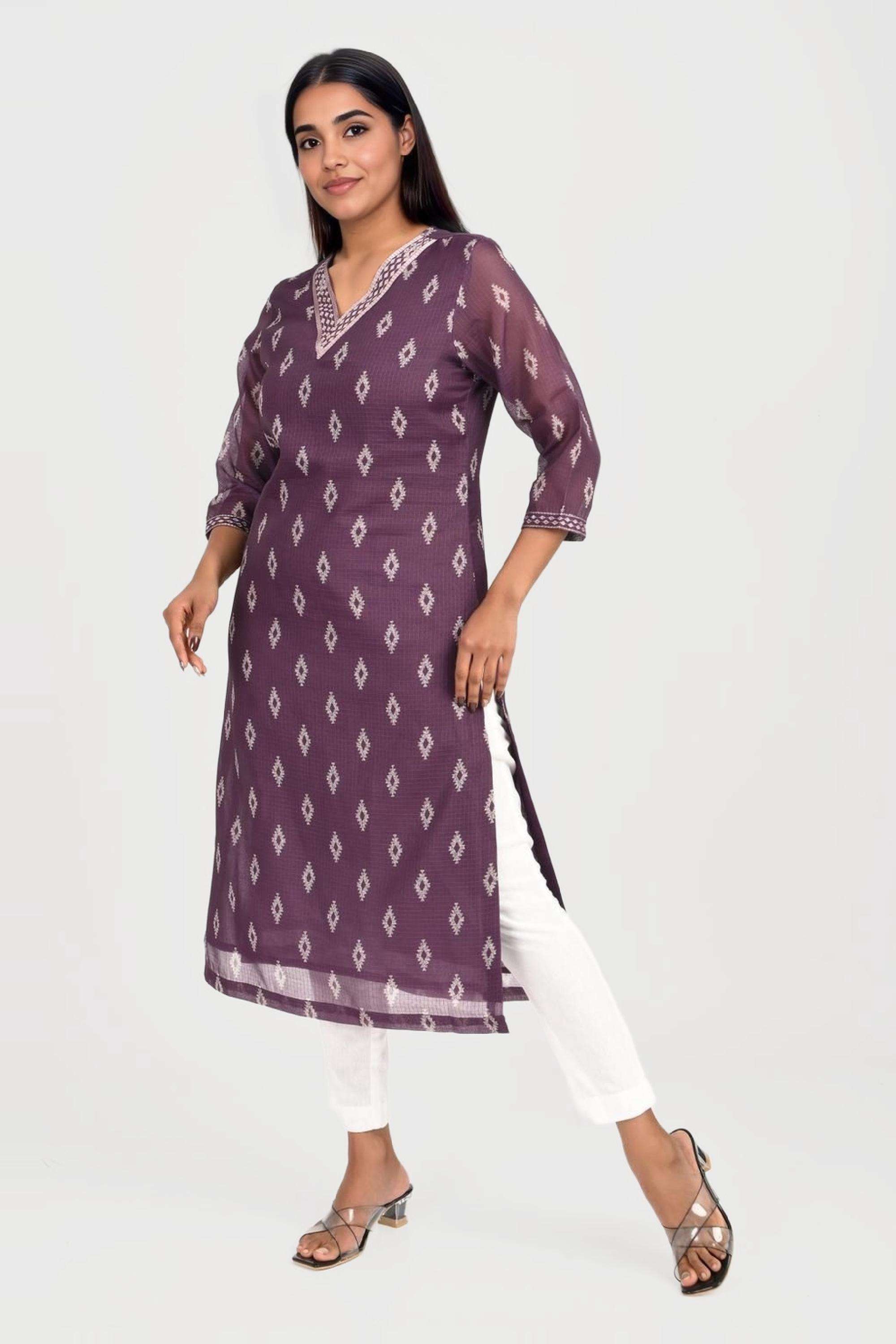 Printed-Polyester-V-Neck-Women-s-Kurta