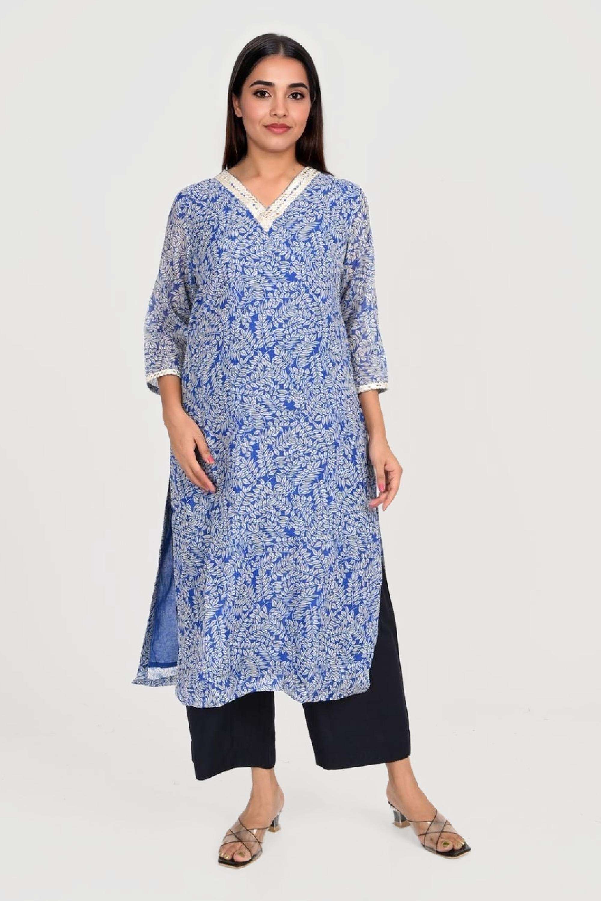 Textured-Blended-Fabric-V-Neck-Women-s-Casual-Wear-Kurta