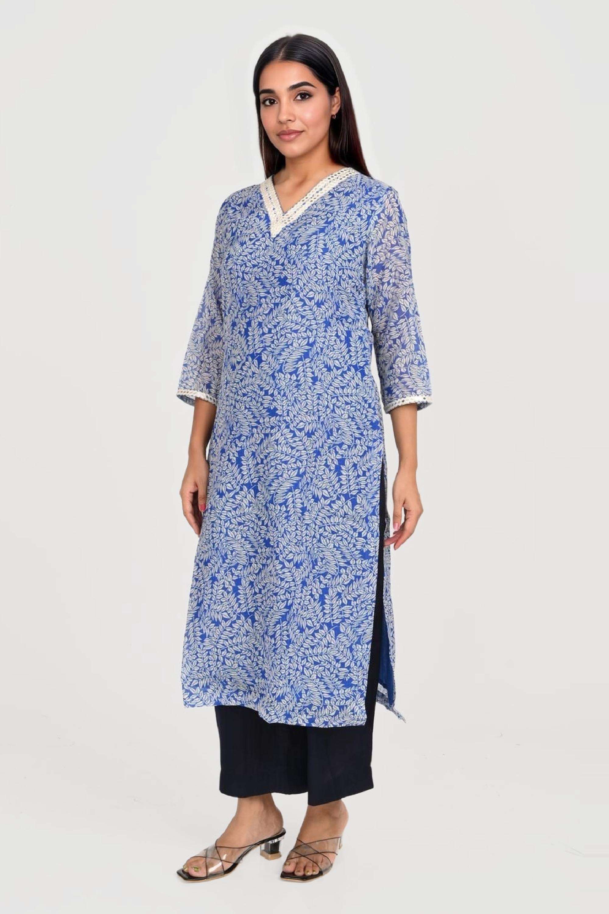 Textured-Blended-Fabric-V-Neck-Women-s-Casual-Wear-Kurta