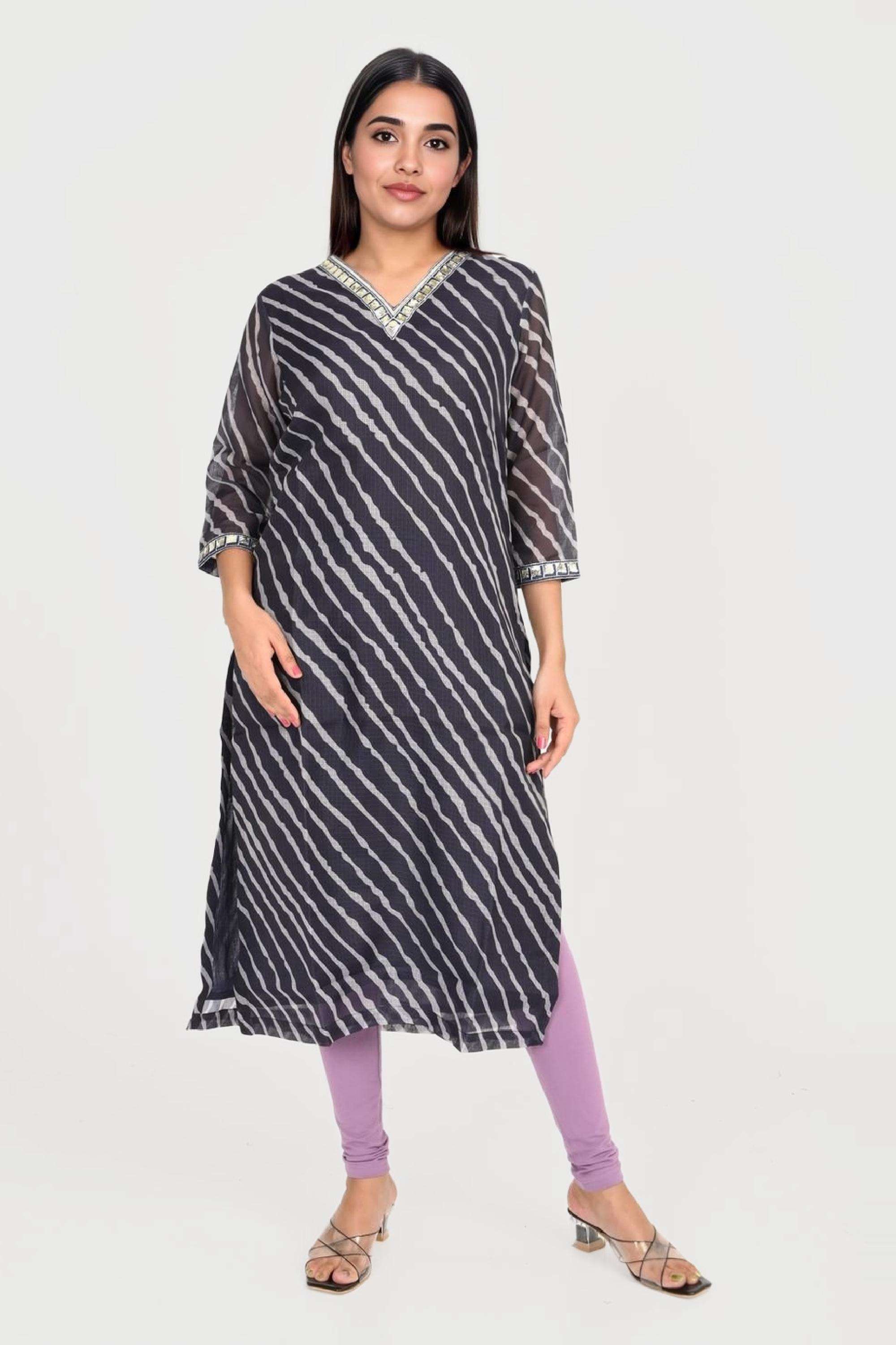 Textured-Blended-Fabric-V-Neck-Women-s-Casual-Wear-Kurta