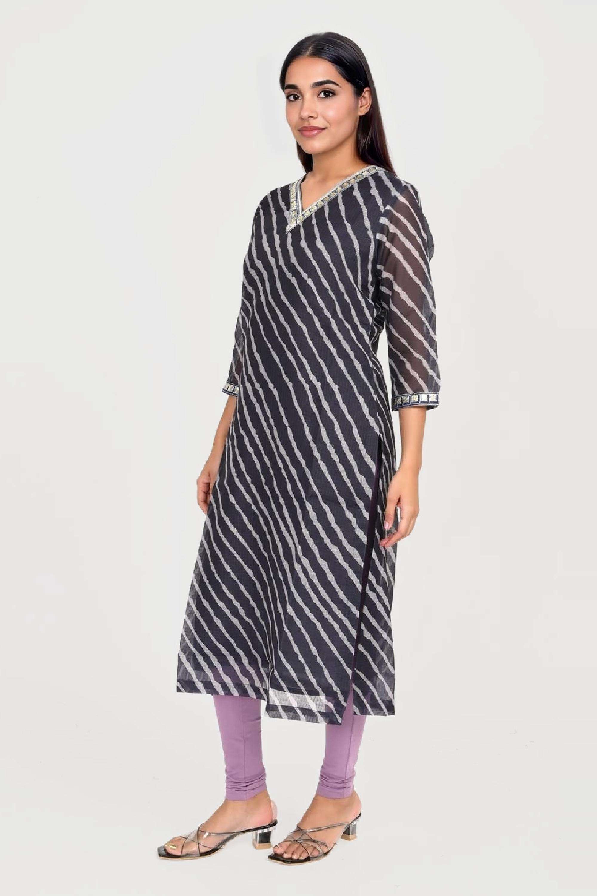 Textured-Blended-Fabric-V-Neck-Women-s-Casual-Wear-Kurta