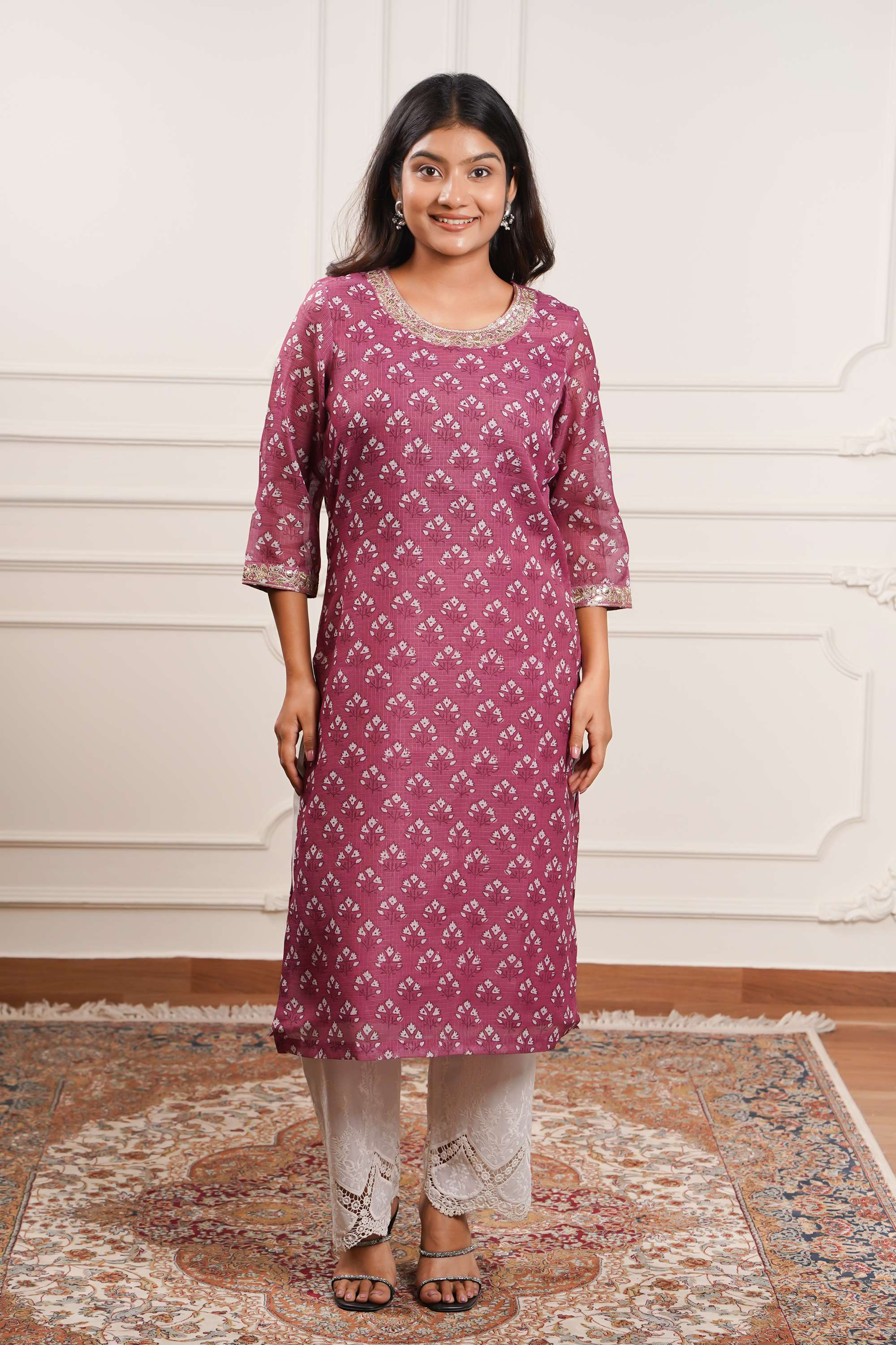 Floral-Blended-Fabric-Round-Neck-Women-Casual-Wear-Kurta