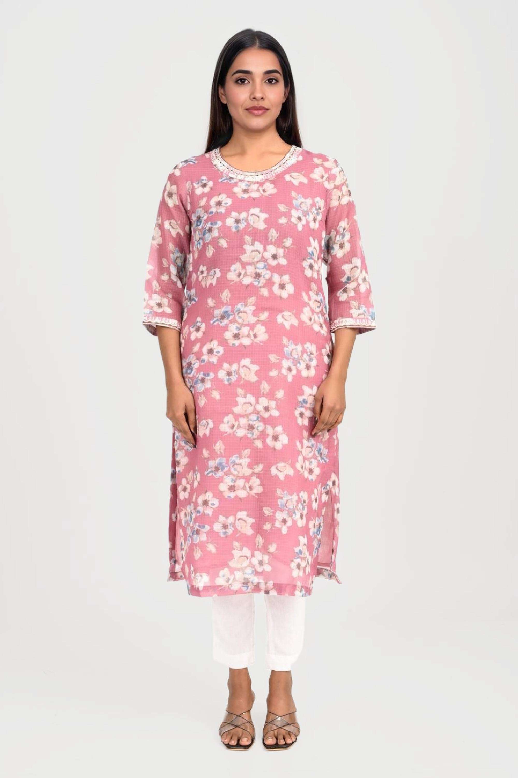 Textured-Blended-Fabric-Round-Neck-Women-s-Casual-Wear-Kurta