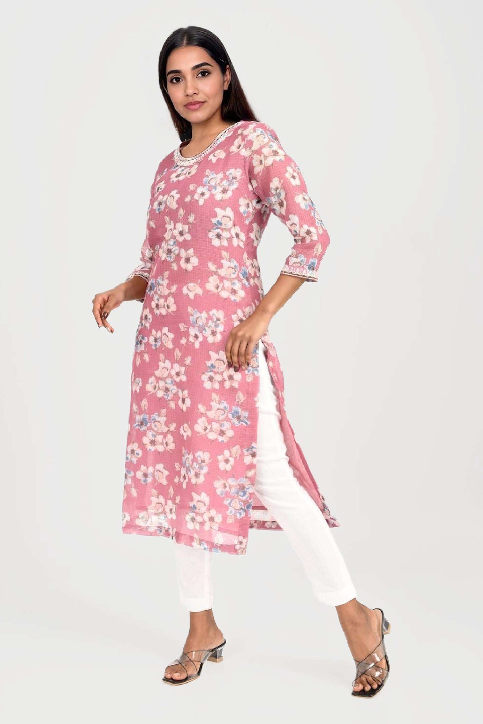 Textured-Blended-Fabric-Round-Neck-Women-s-Casual-Wear-Kurta