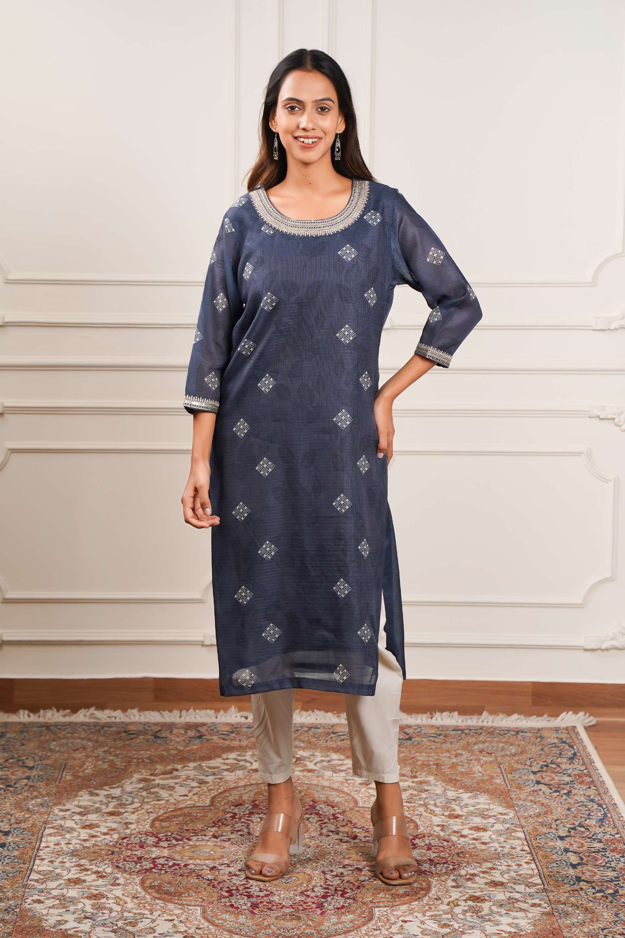 Embroidered-Blended-Fabric-Round-Neck-Women-Casual-Wear-Kurta