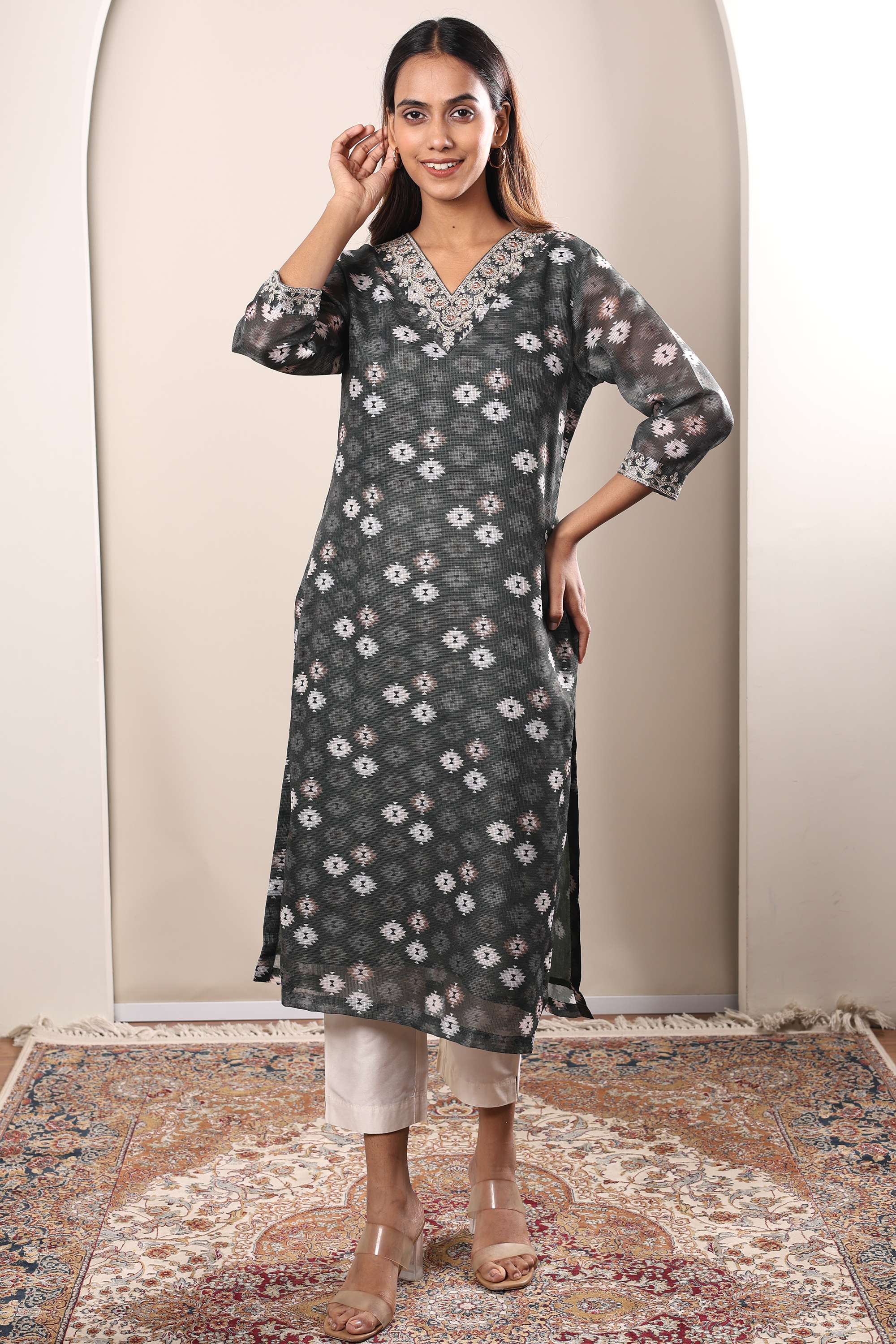 Printed-Polyester-V-Neck-Women-s-Casual-Wear-Kurta