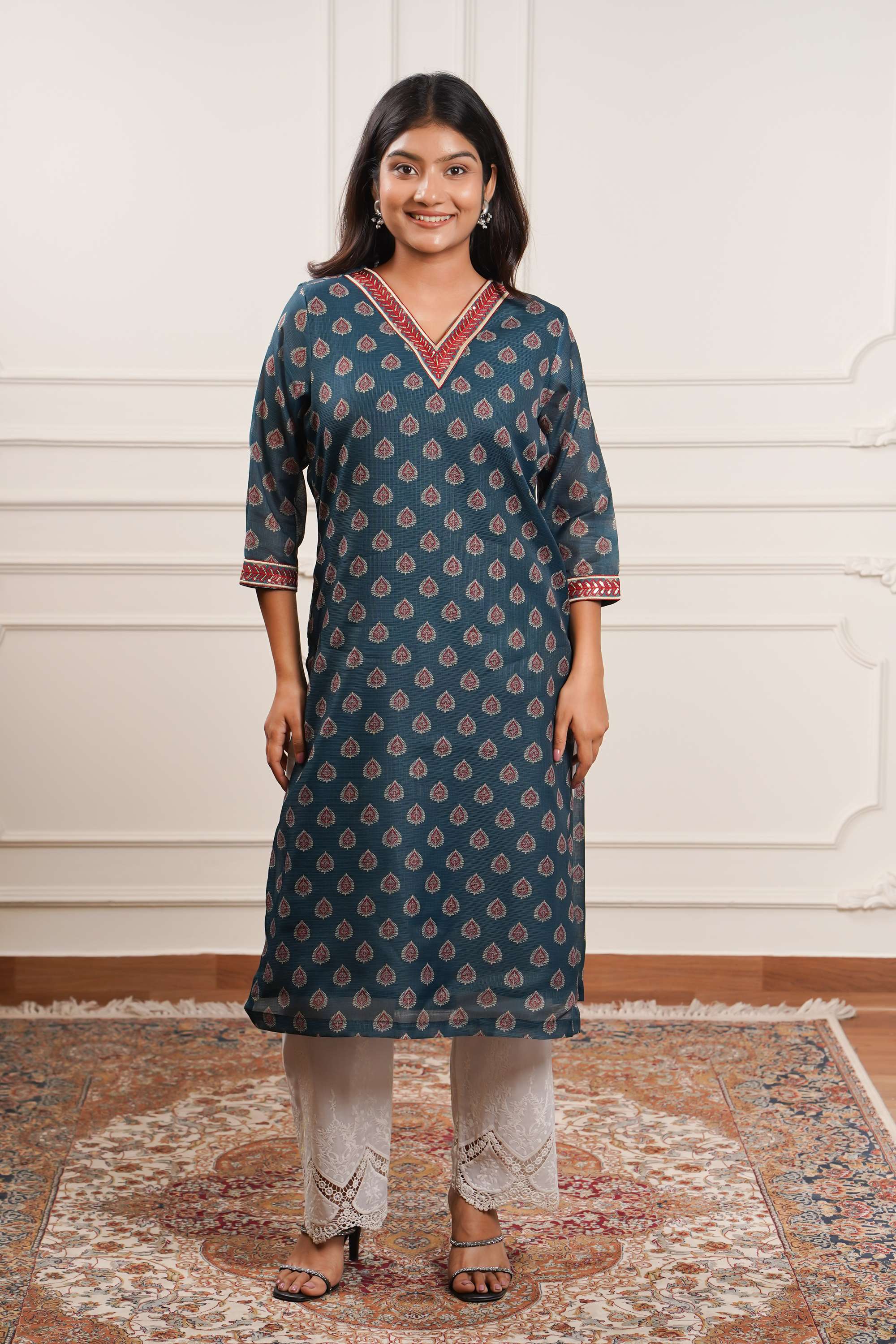 Printed-Blended-Fabric-Y-Neck-Women-Casual-Wear-Kurta