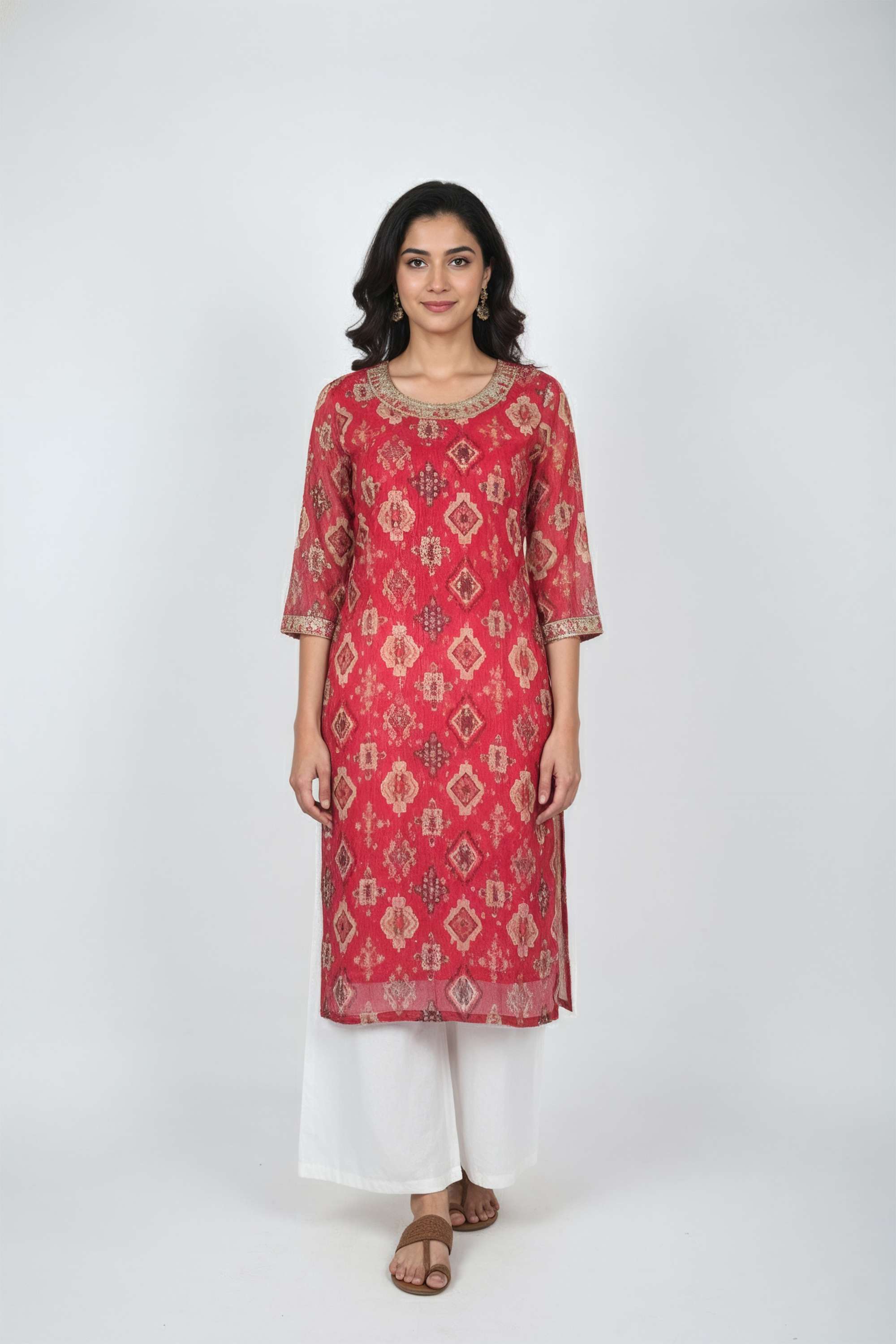 Embroidered-Blended-Fabric-Round-Neck-Women-Fusion-Wear-Kurta