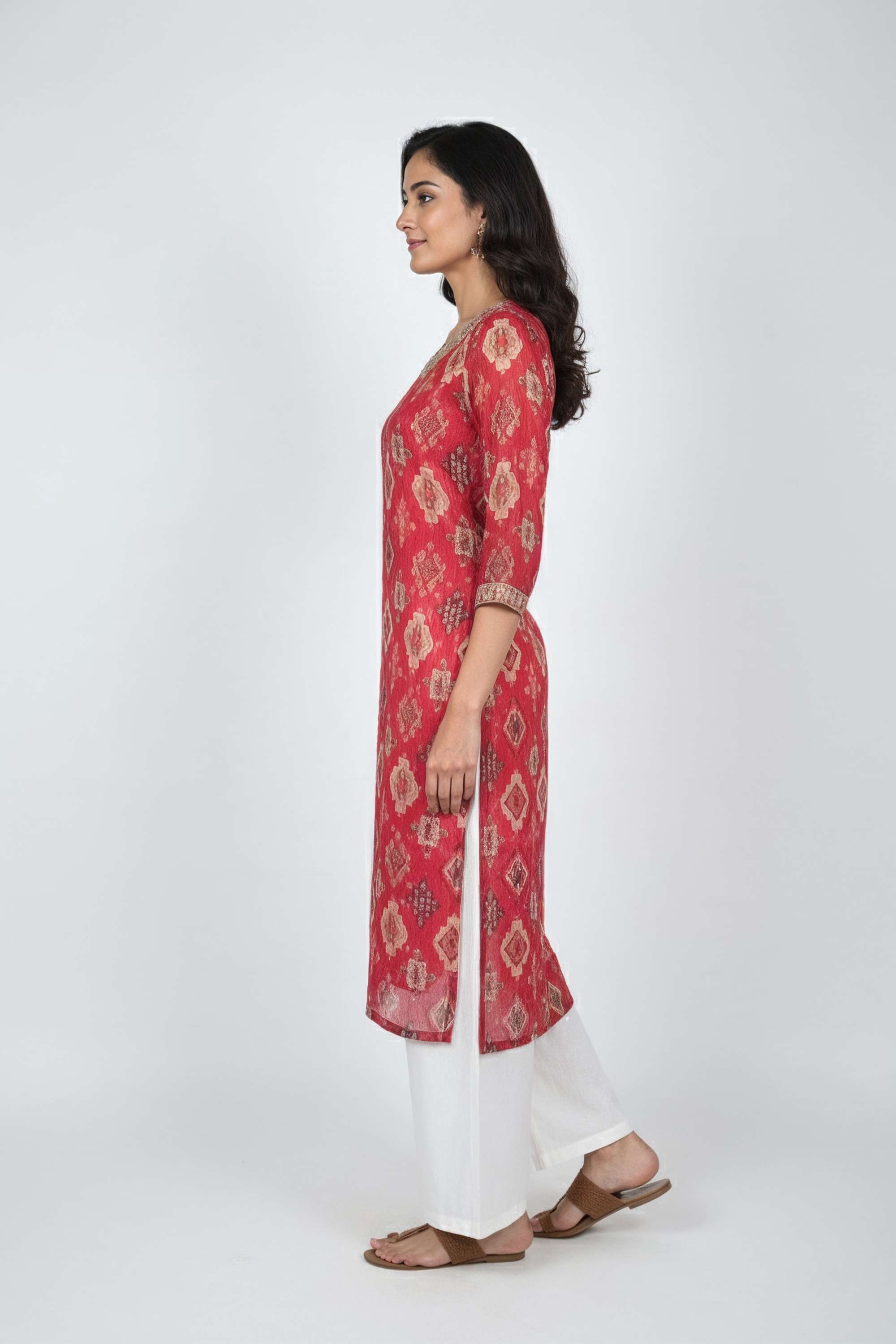 Printed-Blended-Fabric-Round-Neck-Women-Fusion-Wear-Kurta
