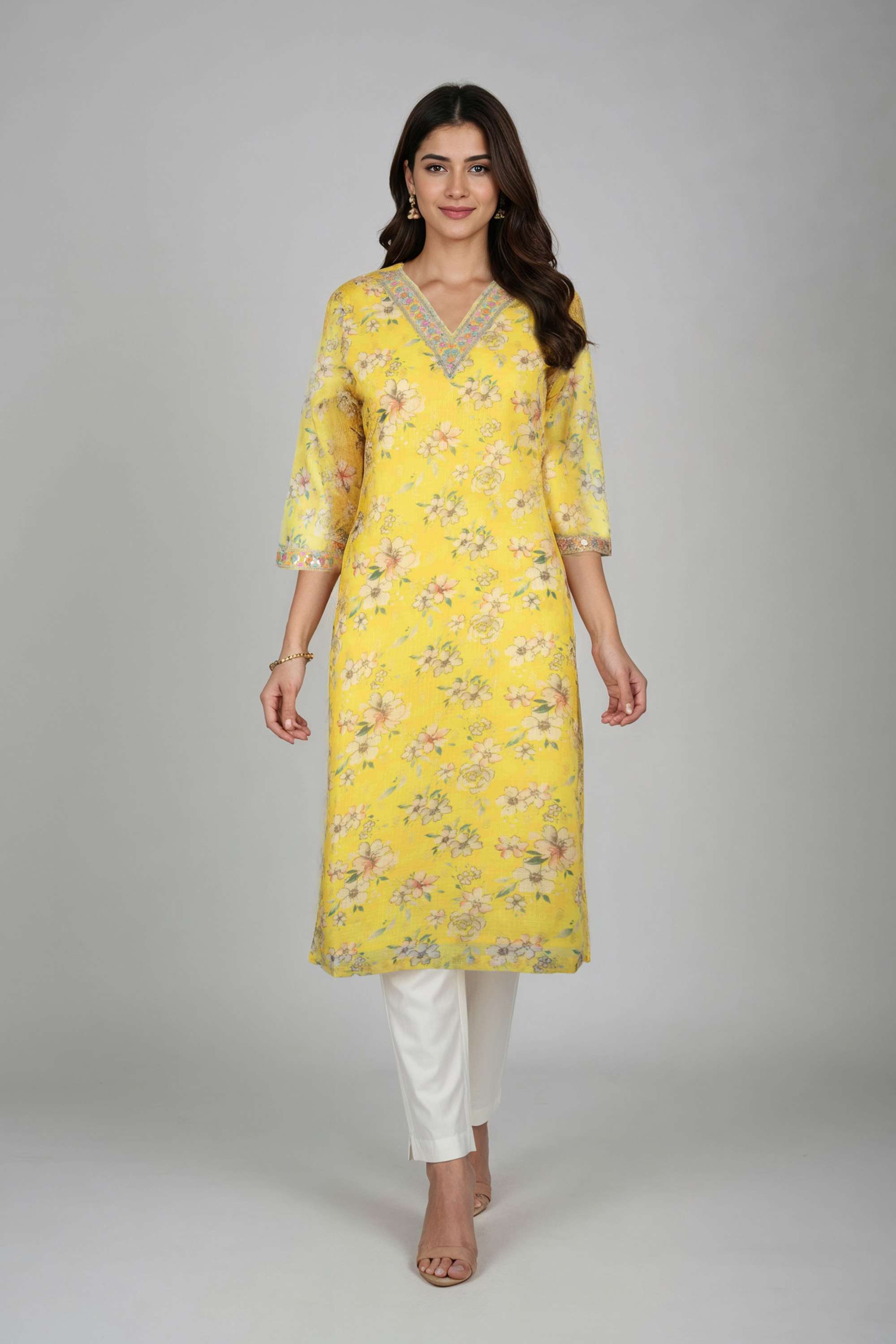 Floral-Blended-Fabric-Y-Neck-Women-Fusion-Wear-Kurta
