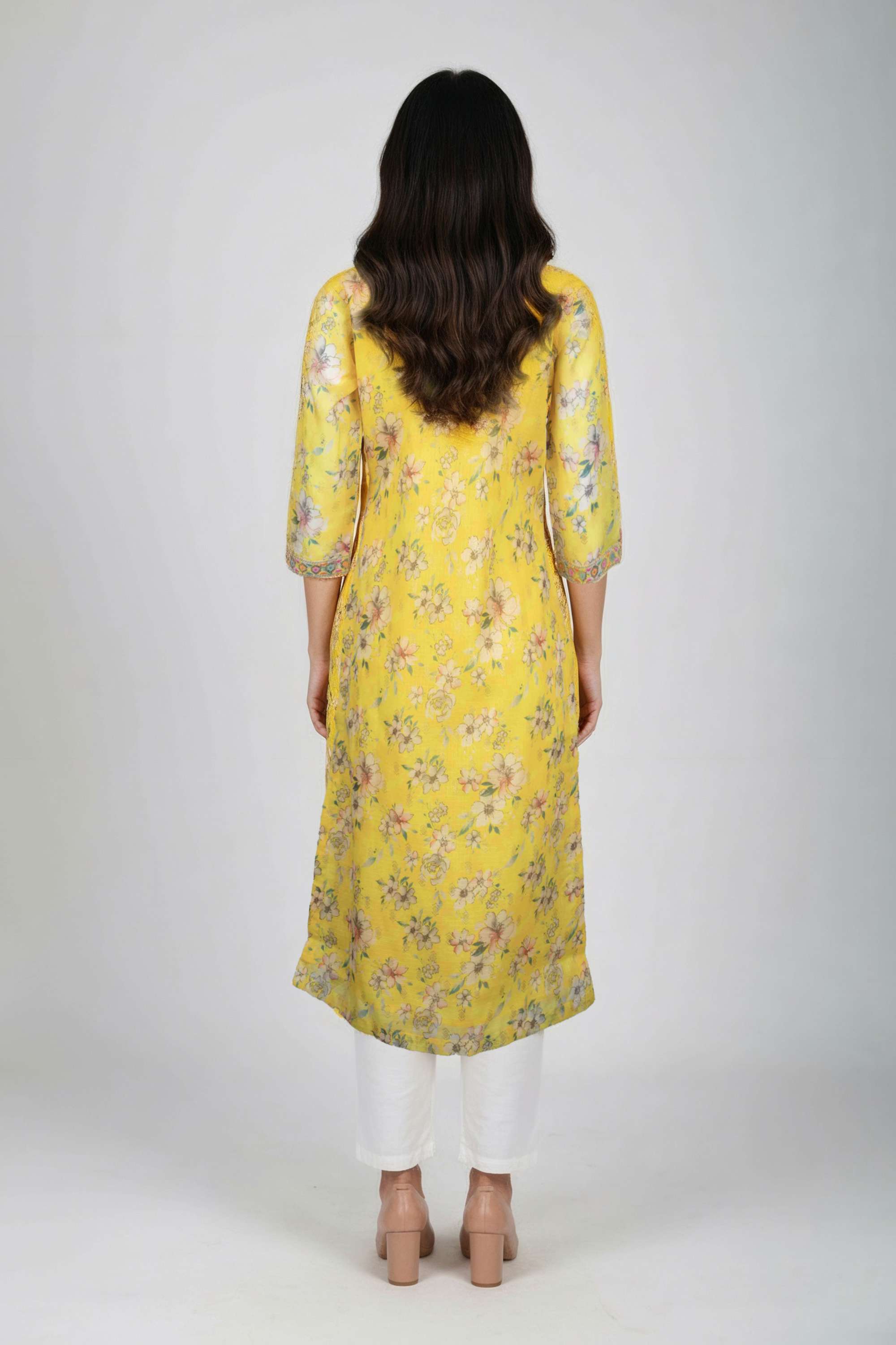 Floral-Blended-Fabric-Round-Neck-Women-Fusion-Wear-Kurta