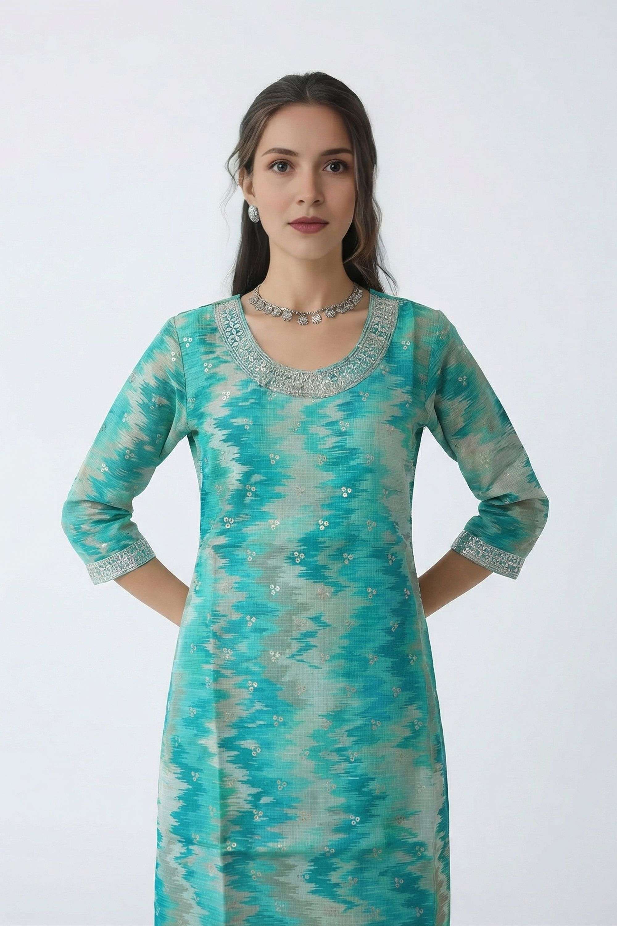 Printed-Blended-Fabric-Round-Neck-Women-Fusion-Wear-Kurta