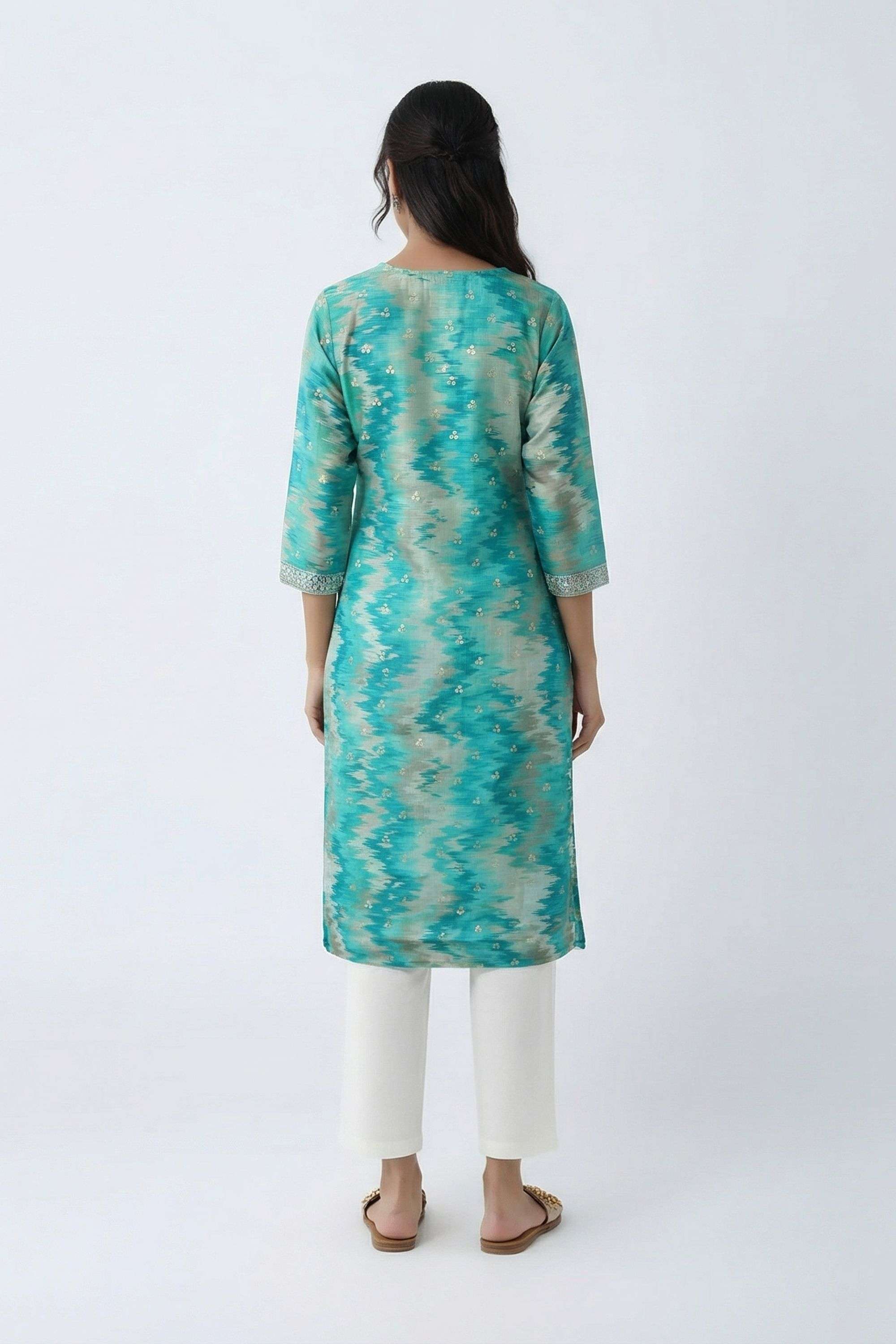 Printed-Blended-Fabric-Round-Neck-Women-Fusion-Wear-Kurta