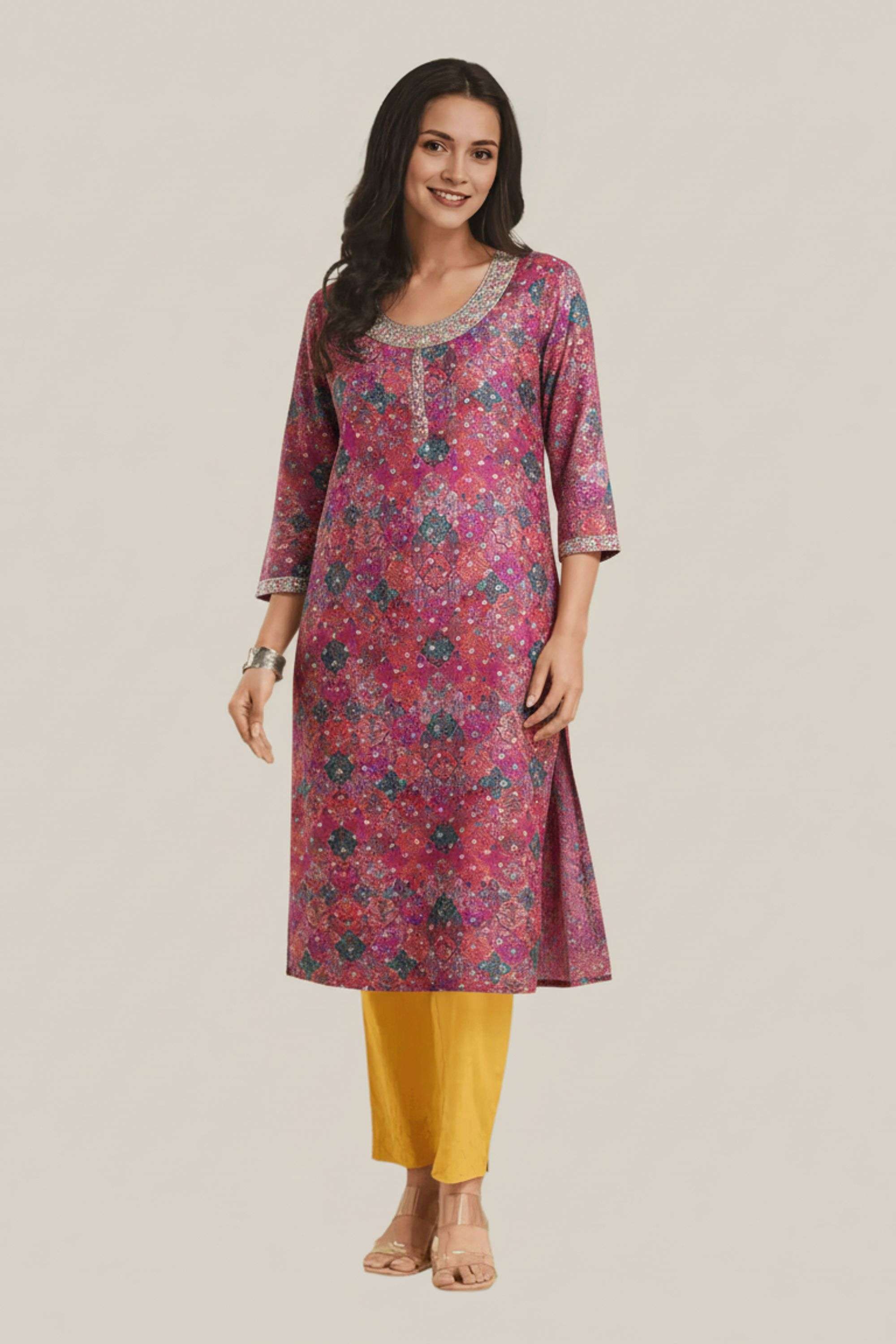 Solid-Blended-Fabric-Regular-Fit-Festive-Wear-Women-Kurta