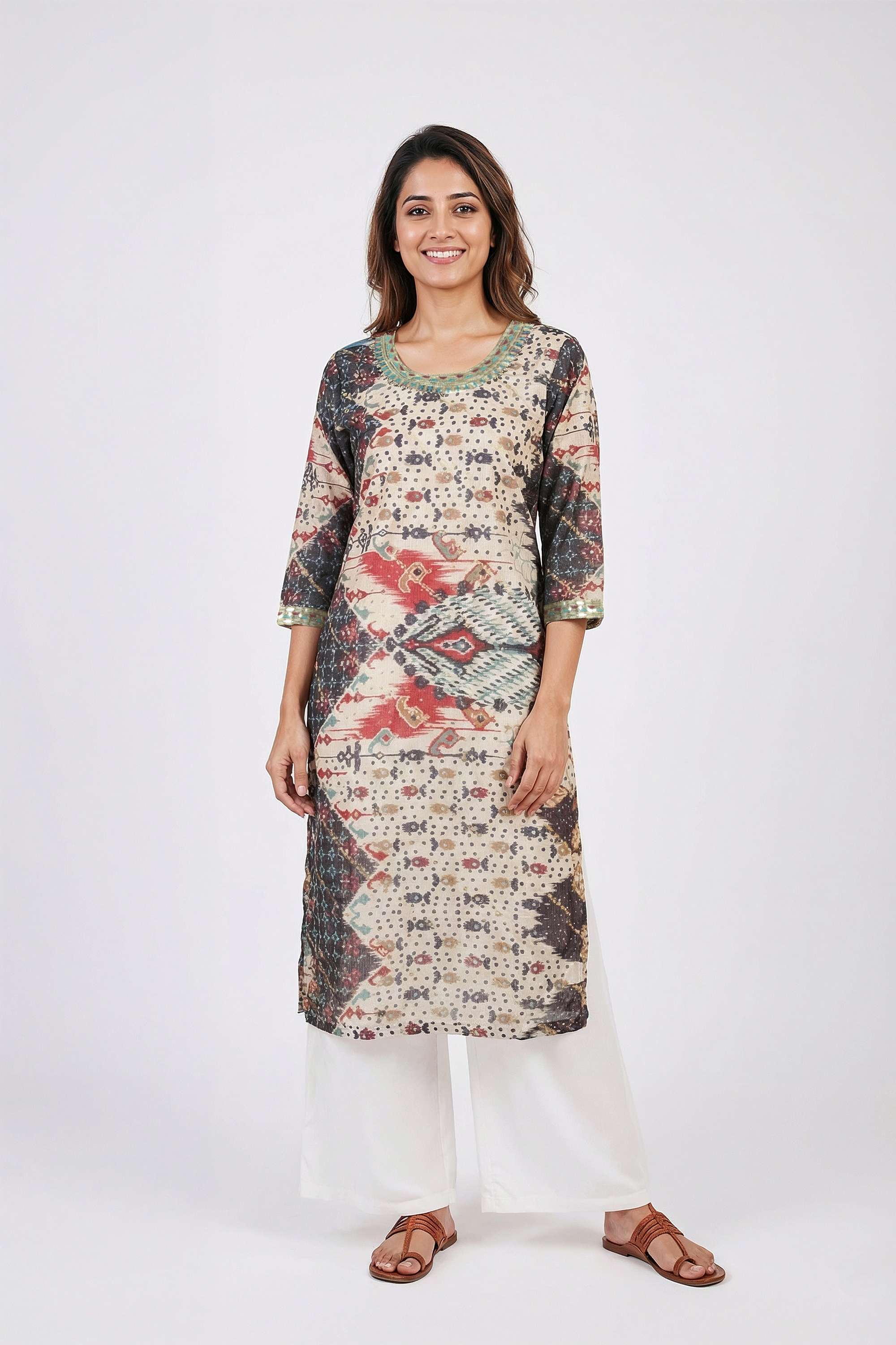Embellished-Blended-Fabric-Round-Neck-Women-Fusion-Wear-Kurta