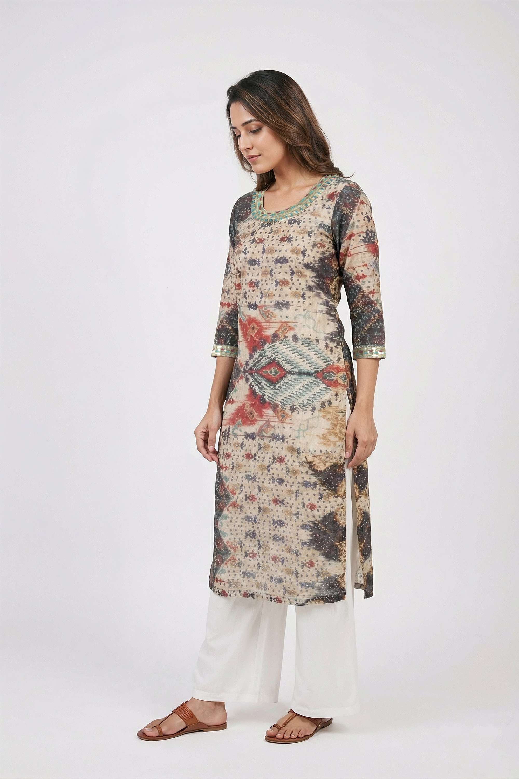 Printed-Blended-Fabric-Round-Neck-Women-Fusion-Wear-Kurta