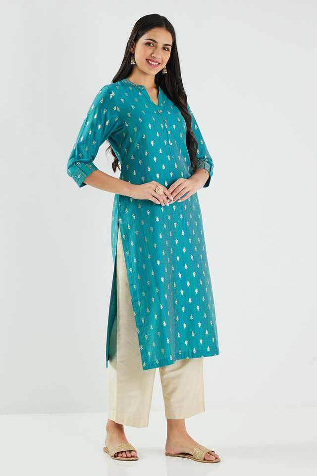 Printed-Blended-Fabric-Collared-Women-s-Kurta